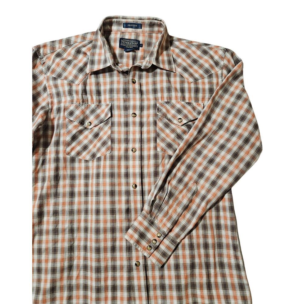 Pendleton Frontier Long Sleeve Plaid Brown Shirt Pearl Snap Men's Size L